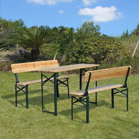 Outsunny Portable Folding Camping Picnic Trestle Beer Table and 2 Bench Set Wooden Garden Furniture Patio Dining Party BBQ Chairs Stools