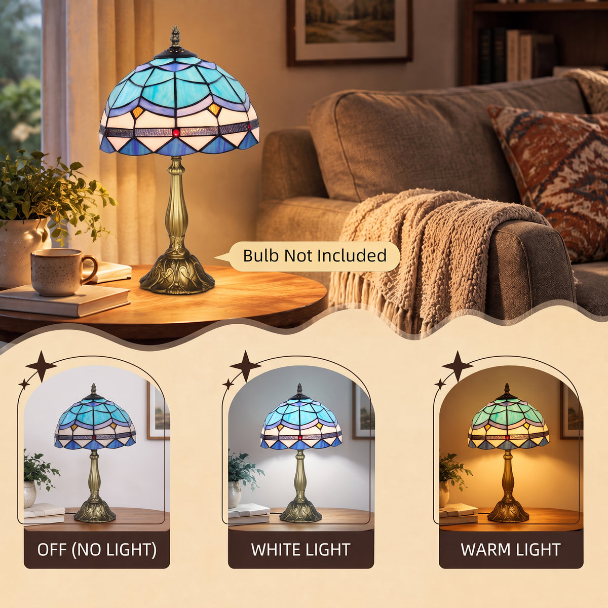 HOMCOM Tiffany Stained Glass Table Lamp, Handmade Antique Bedside Lamp, Decorative Night Light