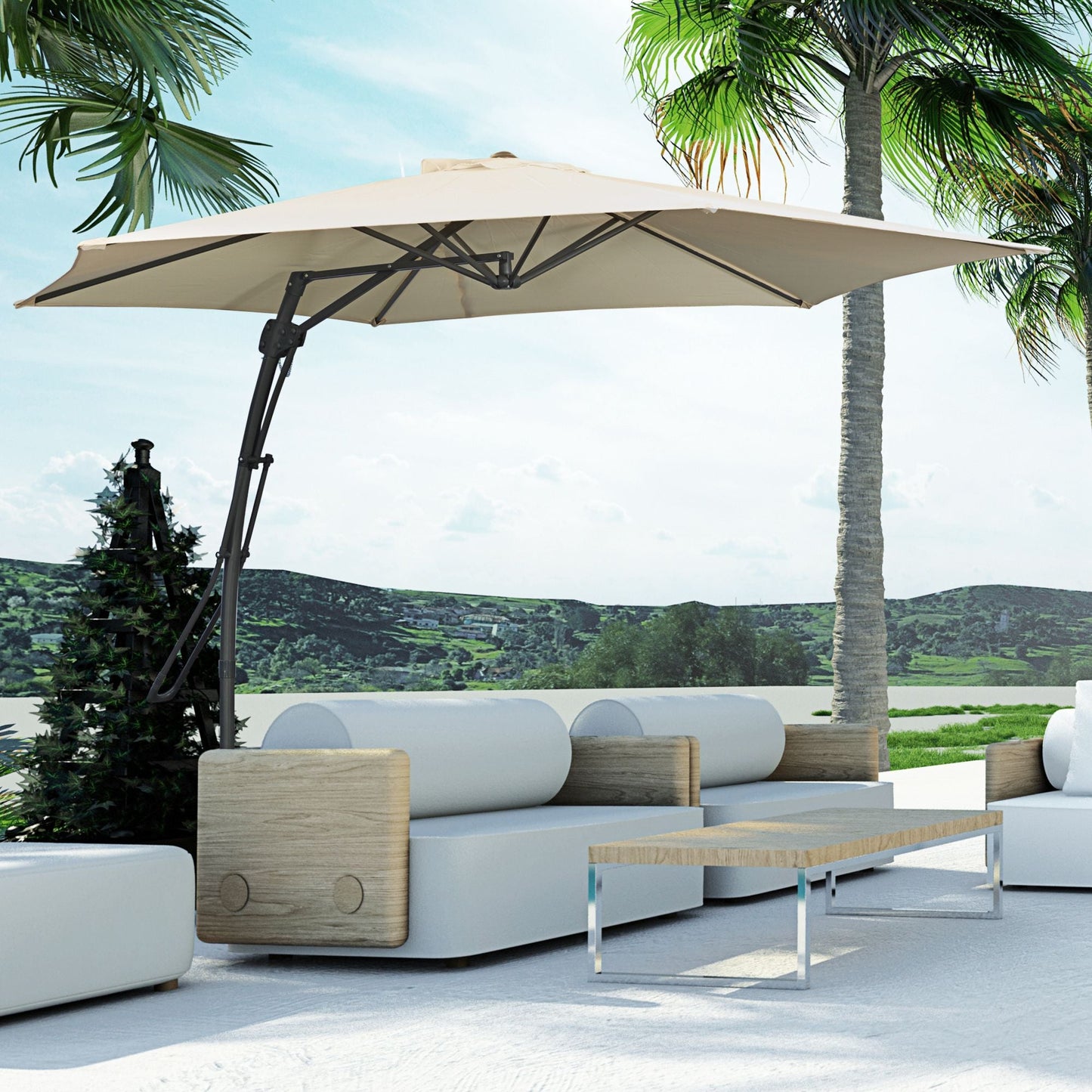 Parasol ogrodowy Outsunny 3 m z wysięgnikiem i łatwą dźwignią, z korbą, podstawą krzyżową i 6 metalowymi żebrami, markizy przeciwsłoneczne do ogrodu, białe