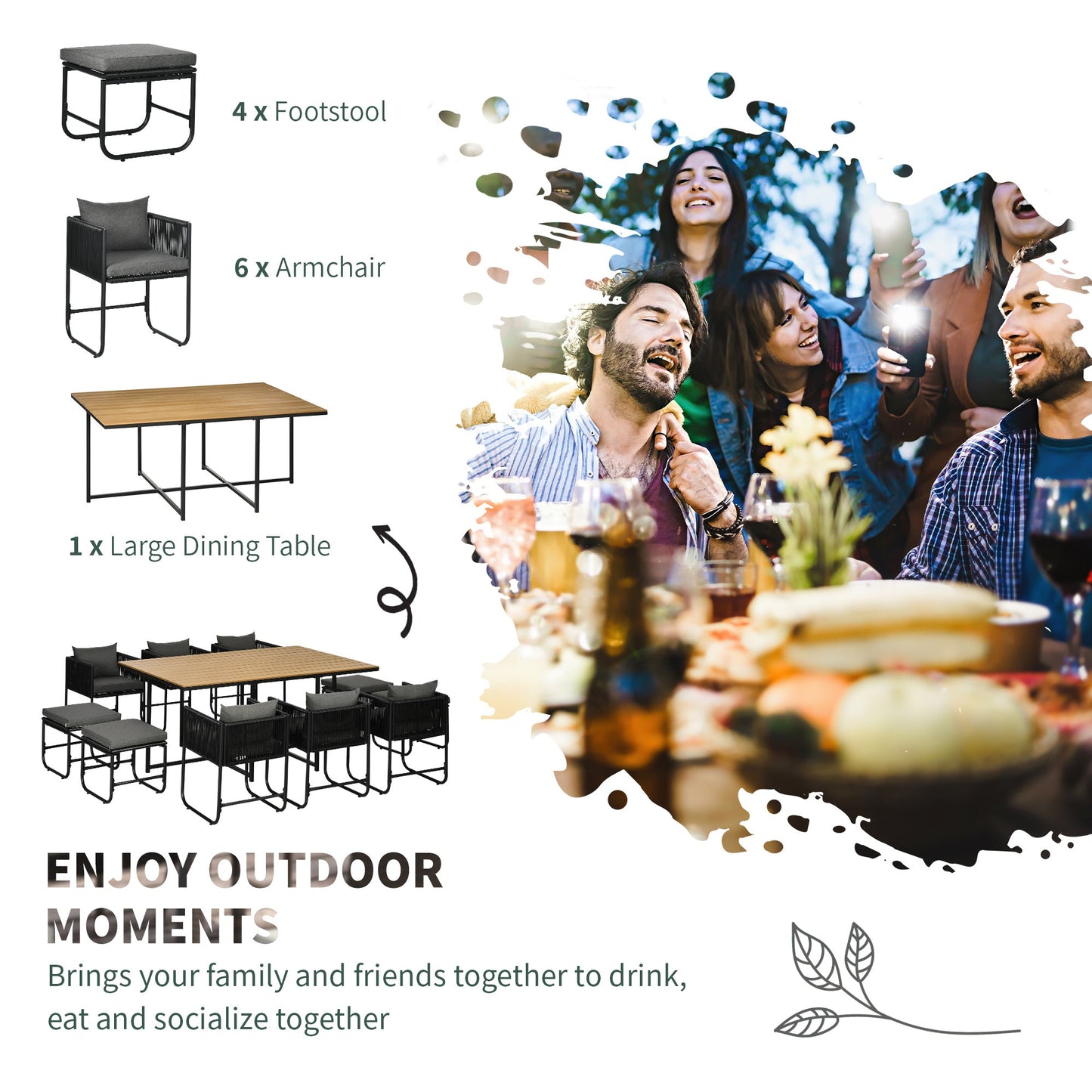 Zestaw mebli ogrodowych Outsunny 10 Seater Rattan Cube, zestaw jadalny z rattanu z poduszkami, stół jadalny i krzesła do użytku na zewnątrz z 6 fotelami, 4 stołkami, prostokątny stół z plastikowym blatem o strukturze drewna, czarny