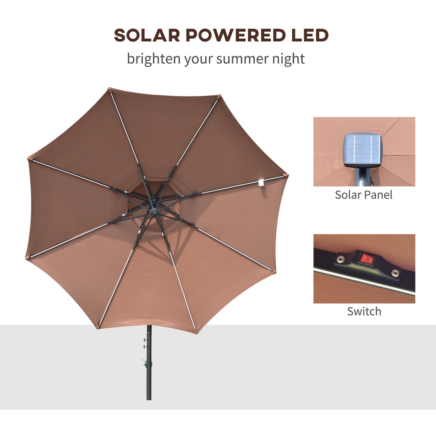 Parasol wiszący Outsunny 3(m) Cantilever Banana z podwójnym dachem, lampami solarnymi LED, korbą, 8 wytrzymałymi żebrami i podstawą krzyżową do użytku na zewnątrz, w ogrodzie, na patio, w kawiarni