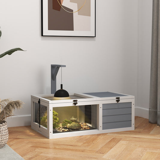 PawHut Wooden Tortoise Enclosure, Tortoise House w/ Lamp Holder, for Outdoor, Indoor, Light Grey