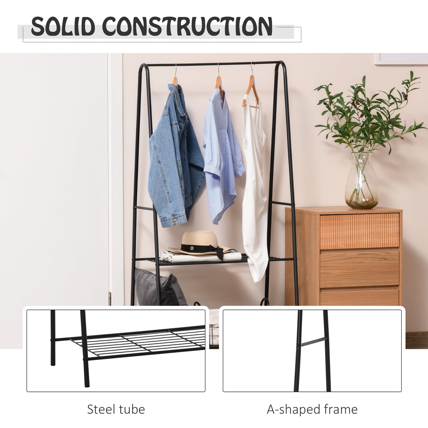 HOMCOM Metalowy wieszak na ubrania, wieszak na ubrania, organizer do przedpokoju, drążek na wieszaki, 2-poziomowa półka na buty w kształcie litery A, 77L x 45W x 153H cm, czarny