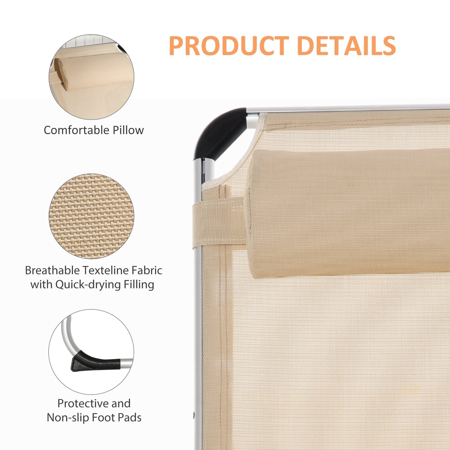 Outsunny Foldable Outdoor Sun Loungers Set of 2, Reclining Lounge Chair Camping Bed Cot with Pillow 4-Level Adjustable Back Aluminium Frame, Khaki