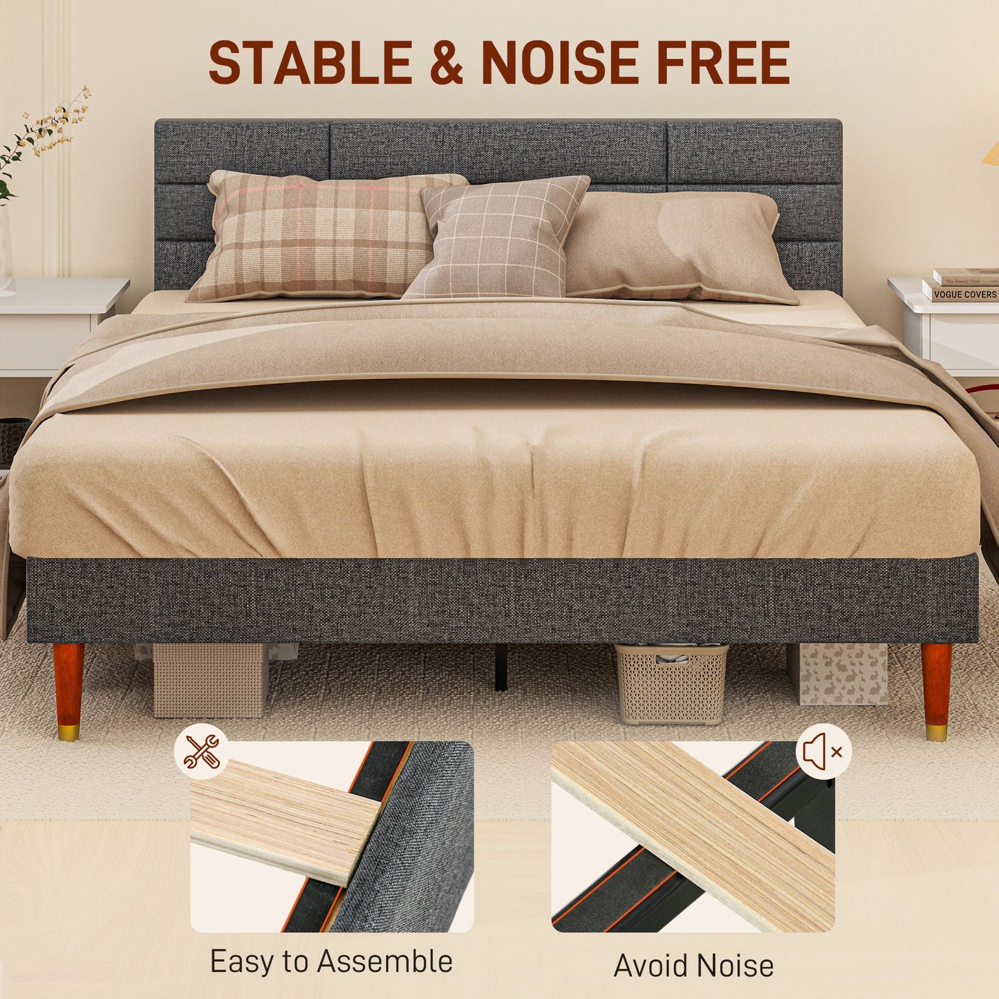 HOMCOM Upholstered King Bed Frame 154W x 206D x 87Hcm with Slats - Grey