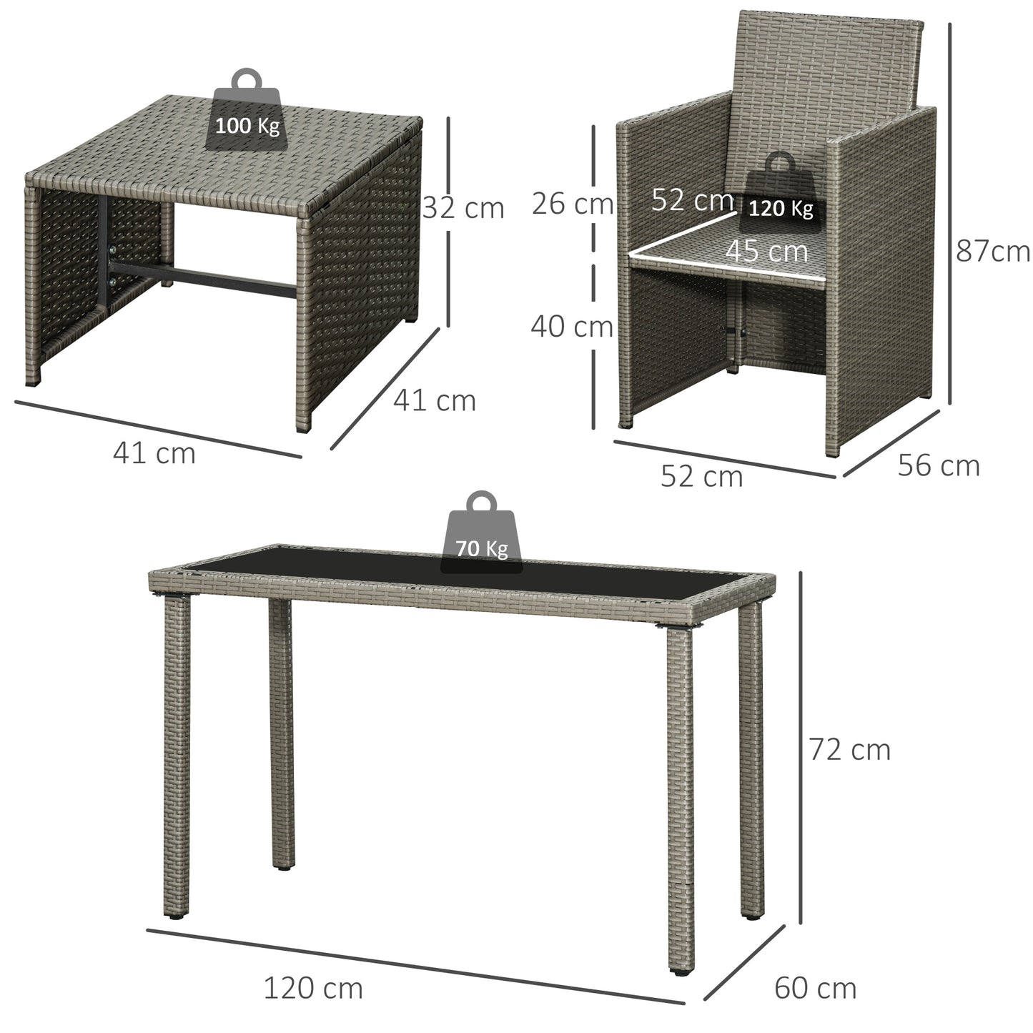 Zestaw mebli ogrodowych Outsunny 2 Seater Rattan Cube, zestaw jadalny z rattanu z poduszkami, stół jadalny i krzesła do użytku na zewnątrz z 2 fotelami, 2 stołkami, prostokątny szklany blat stołu na patio, balkon, szary