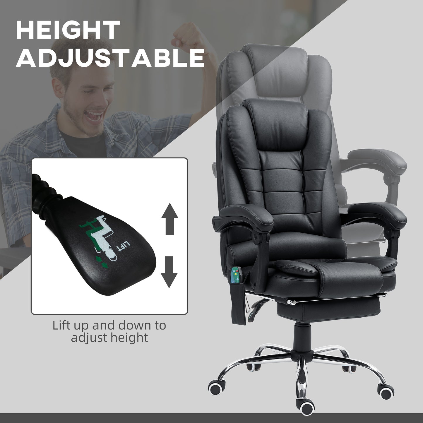 Vinsetto Office Chair with 6 Point Massage and Back Heat, PU Desk Chair with Footrest Adjustable Height and Swivel Wheels, Back Reclining, Black