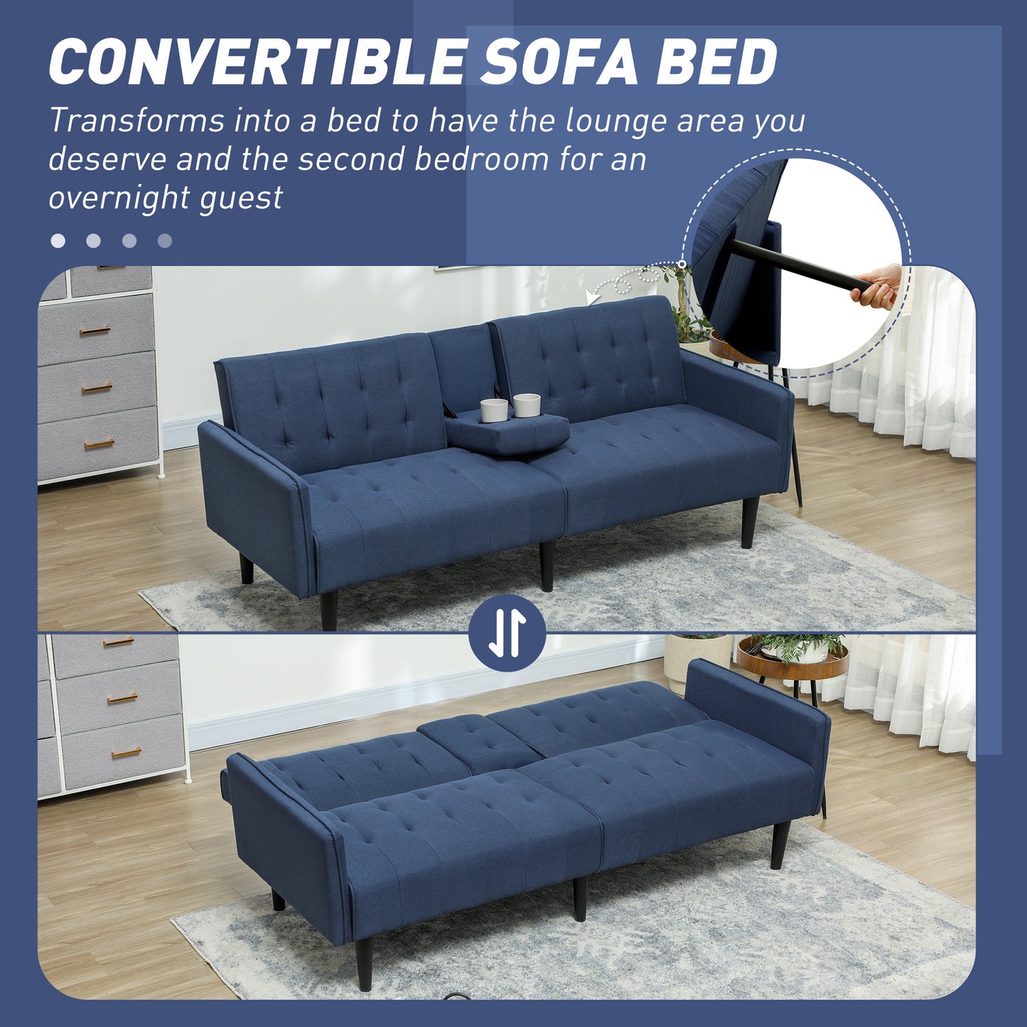 HOMCOM Upholstered Click Clack Sofa Bed, Linen-Feel 3 Seater Sofa Bed with Storage and Cupholders, Dark Blue