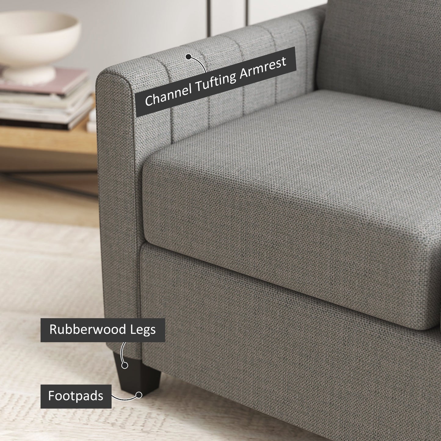 HOMCOM 2 Seater Sofa, Channel Tufted Modern Fabric Couch, Comfy Upholstered Loveseat with Spring Cushion, Back Pillow, for Living Room, Bedroom, Office, Light Grey