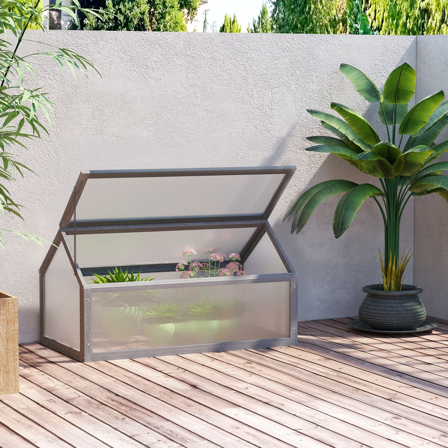 Outsunny Wooden Cold Frame Garden Polycarbonate Greenhouse with Openable Top Cover, Grow House for Flowers, Vegetables, Plants, 90 x 52 x 50cm, Grey