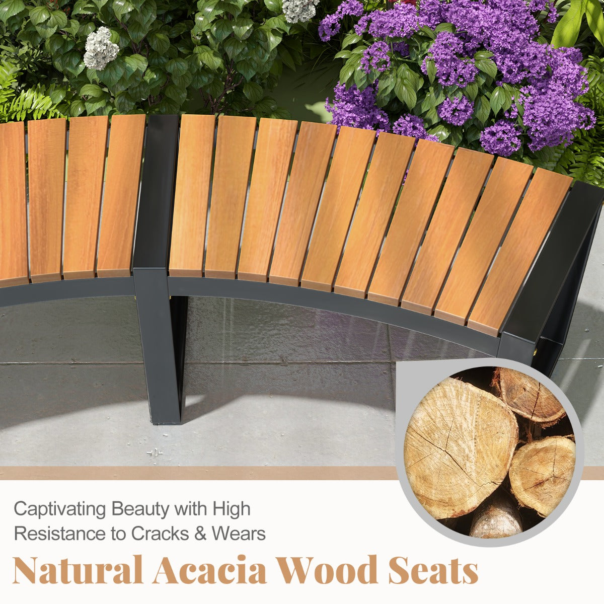 Acacia Wood Fire Pit Bench with Slatted Seat Metal Legs-2 Pack