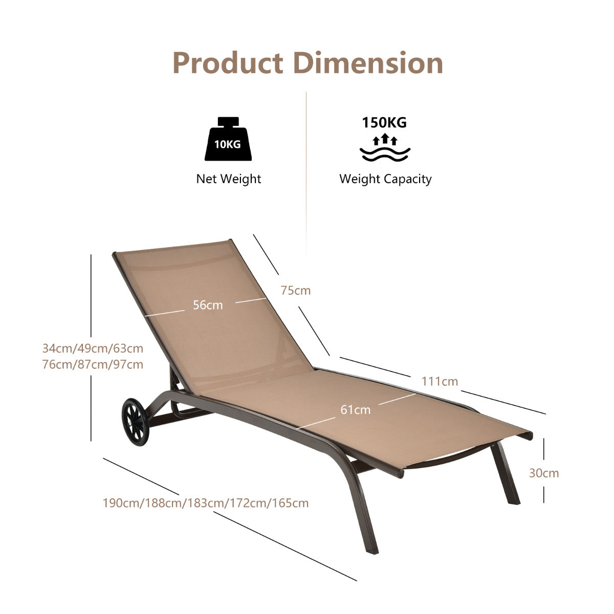 Adjustable Chaise Lounge with Smooth Wheels and Quick-drying Fabric-Coffee