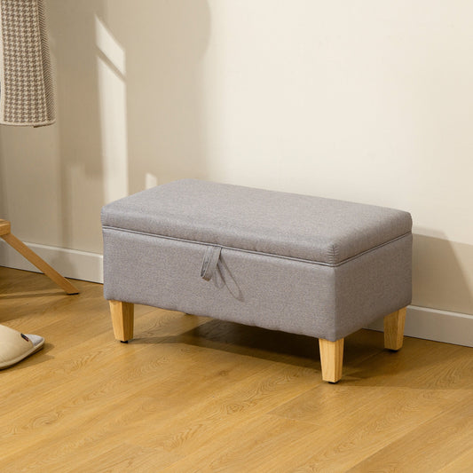HOMCOM 30L Linen Storage Ottoman Padded Footstool with Rubberwood Legs for Storage Box, Bed End, Shoe Bench, Seating, Light Grey