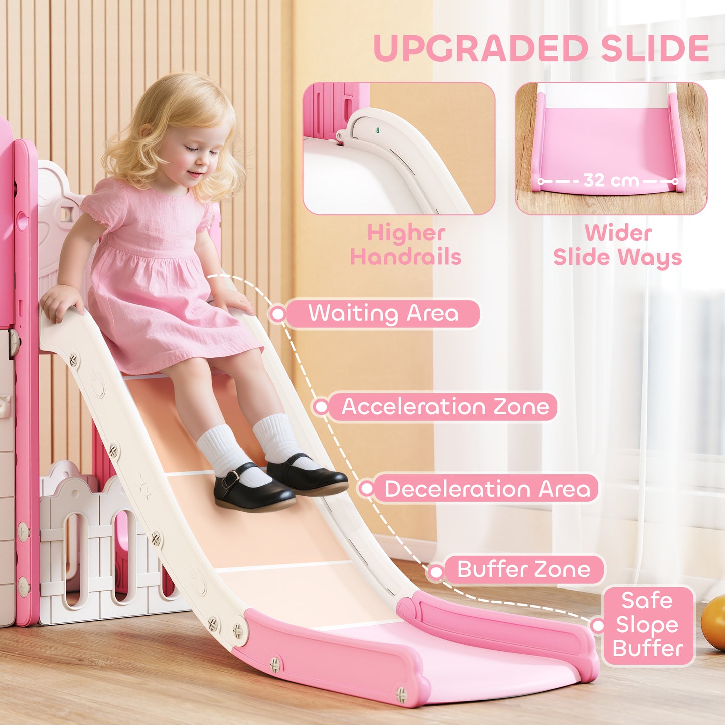 AIYAPLAY 7 in 1 Toddler Slide Set with Basketball Hoop, Climbing Frame, Telescope, Drawing Board, Storage Box, Pink
