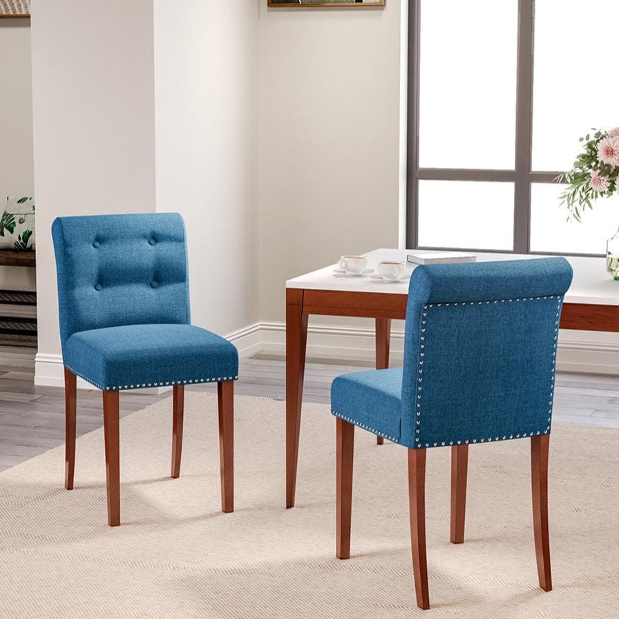 Set of 2 Contemporary Buttoned Accent Dining Chair Studded Rim Blue/Grey