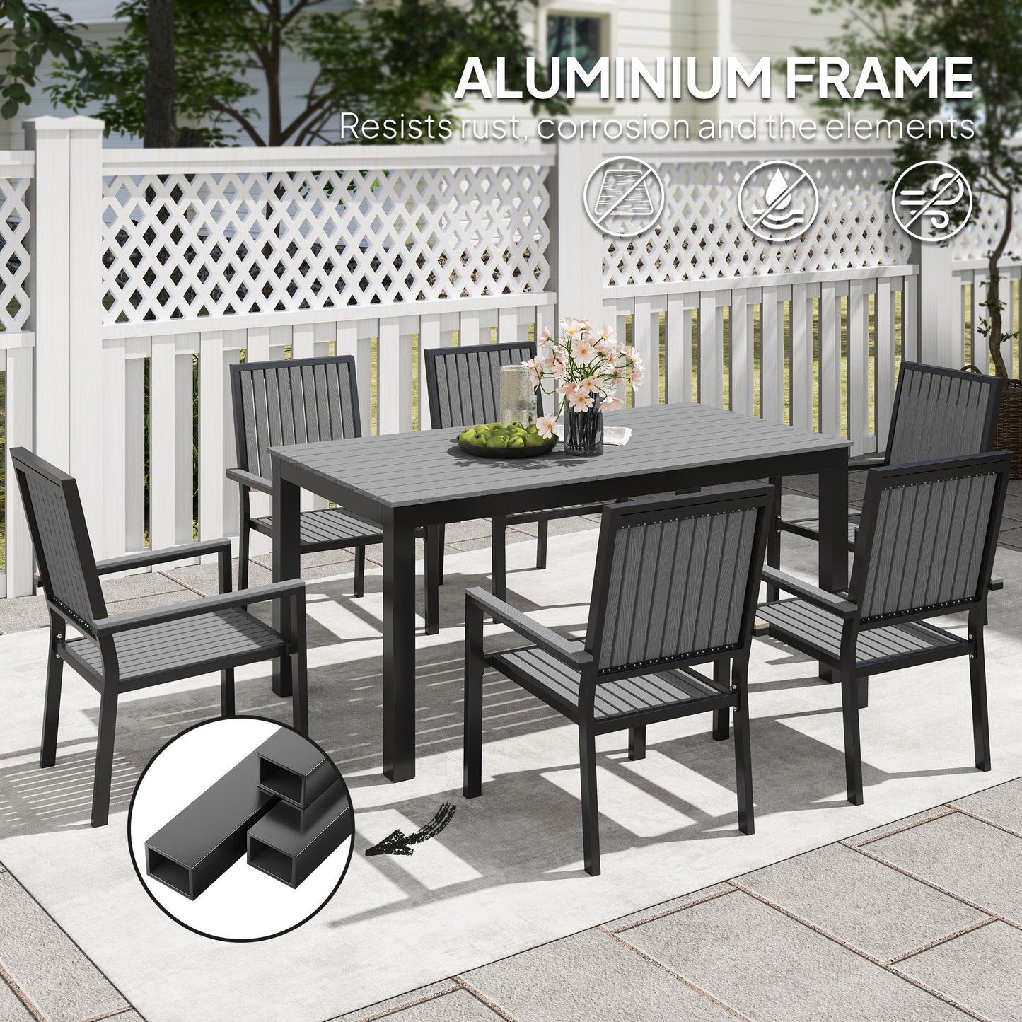Zestaw mebli ogrodowych Outsunny dla 6 osób z krzesłami składanymi, aluminiową ramą i prostokątnym blatem z tworzywa sztucznego, stół i krzesła ogrodowe na patio, balkon, przy basenie, szary