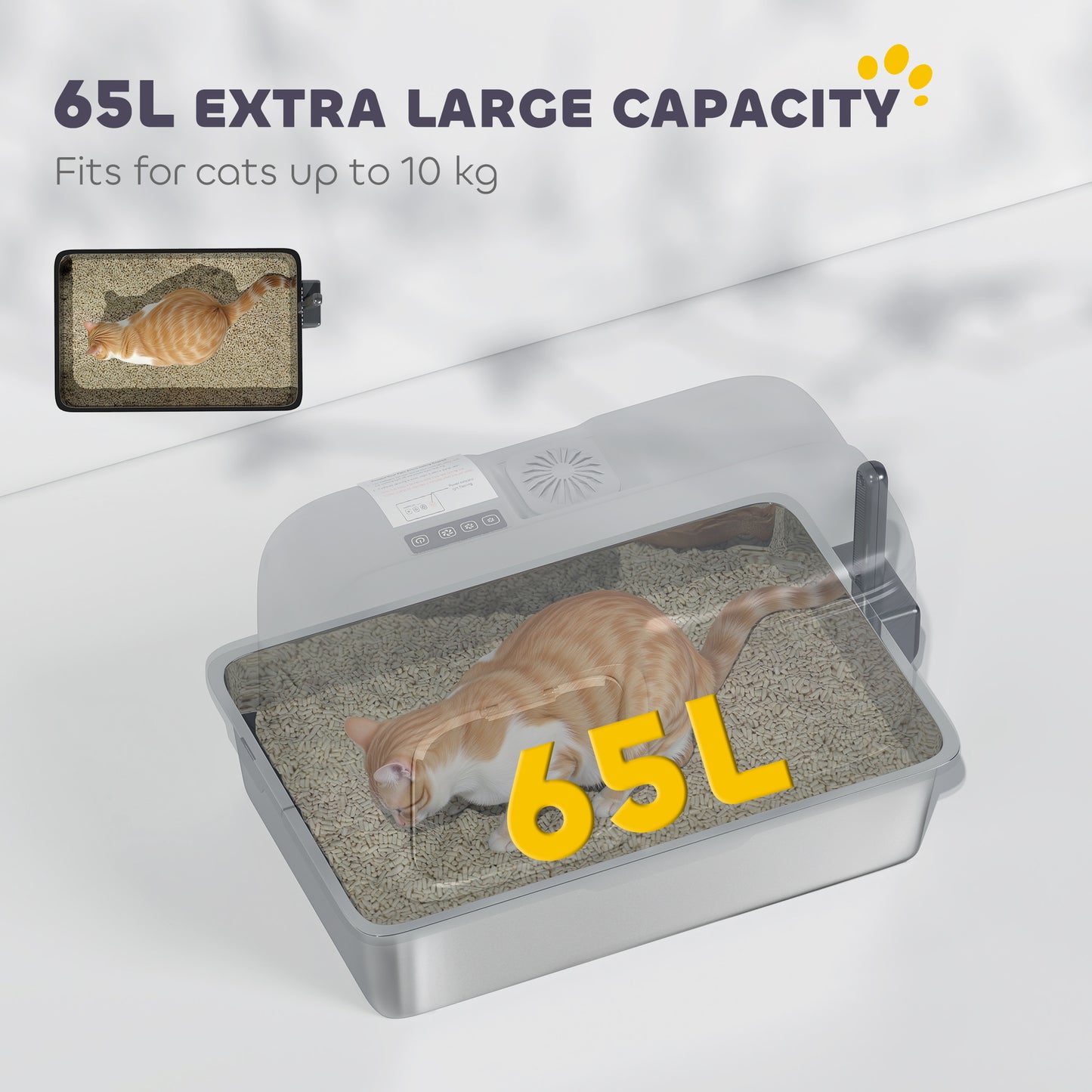 PawHut 65L Extra Large Stainless Steel Litter Tray with Plasma Deodoriser System, High Sided, Easy to Clean & Odour-Resistant