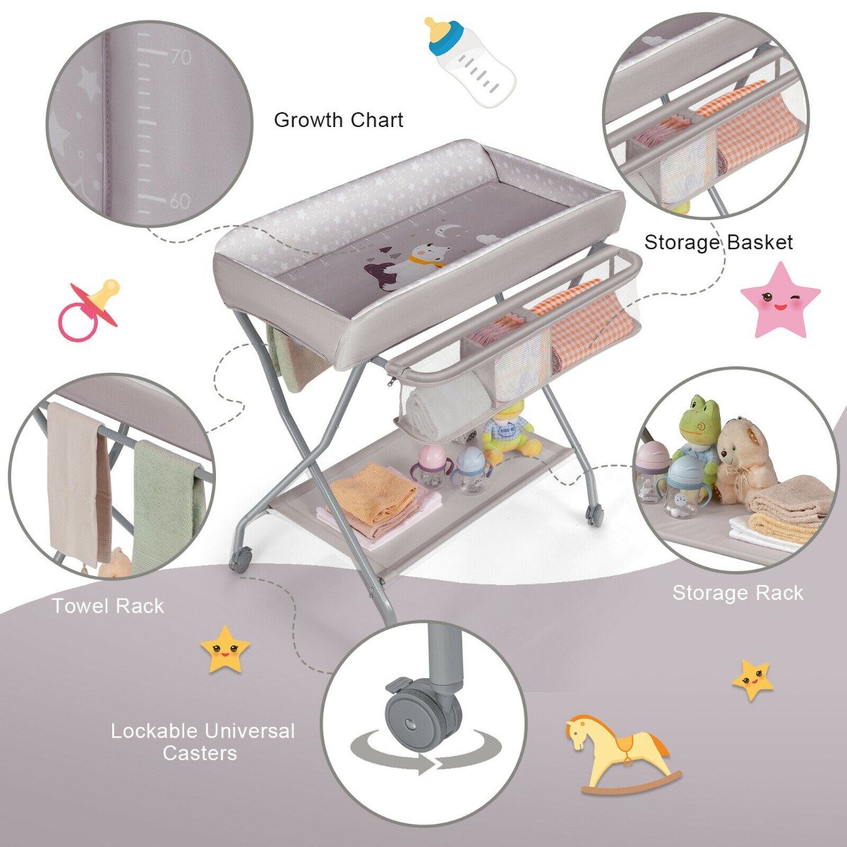 Rolling Baby Changing Table with Large Storage Basket-Grey