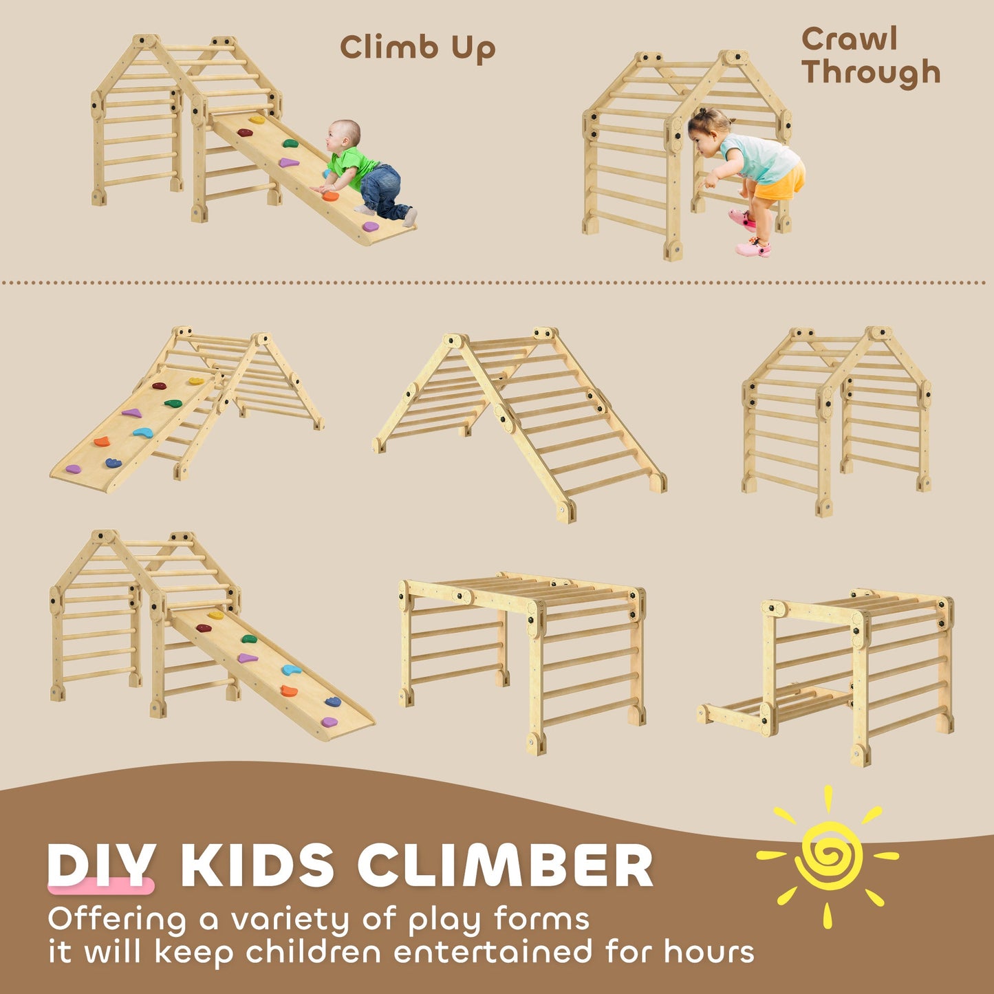 AIYAPLAY 3 in 1 Kids Climbing Set Indoor with Sliding Ramp, Foldable design, Gift for 2-6 Years Old