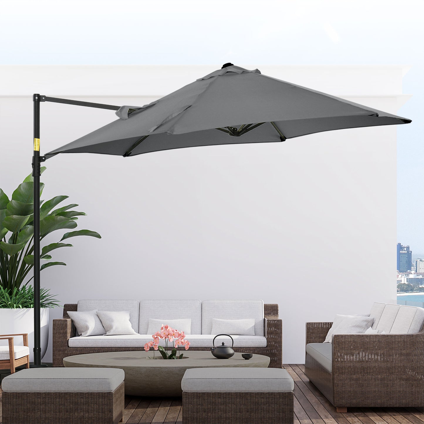 Outsunny 2.5M Garden Cantilever Parasol, Offset Roma Patio Umbrella Hanging Sun Shade Canopy Shelter with 360° Rotation and Cross Base, Dark Grey