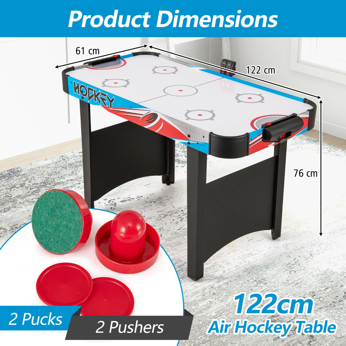 Air Hockey Table with LED Scoreboard and Powerful 12V Motor-Blue