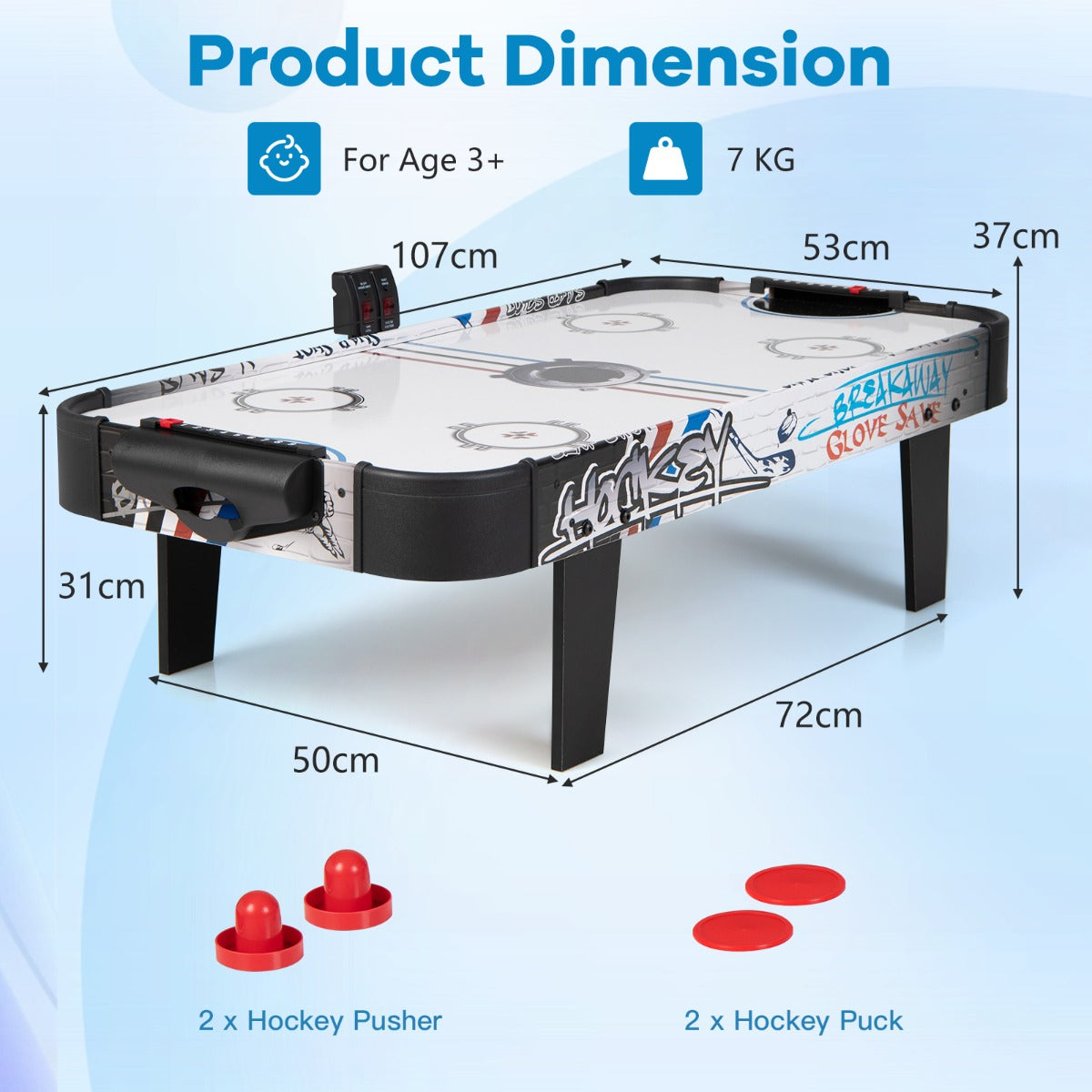 Air Powered Hockey Table with Pucks Pushers and LED Scoreboard