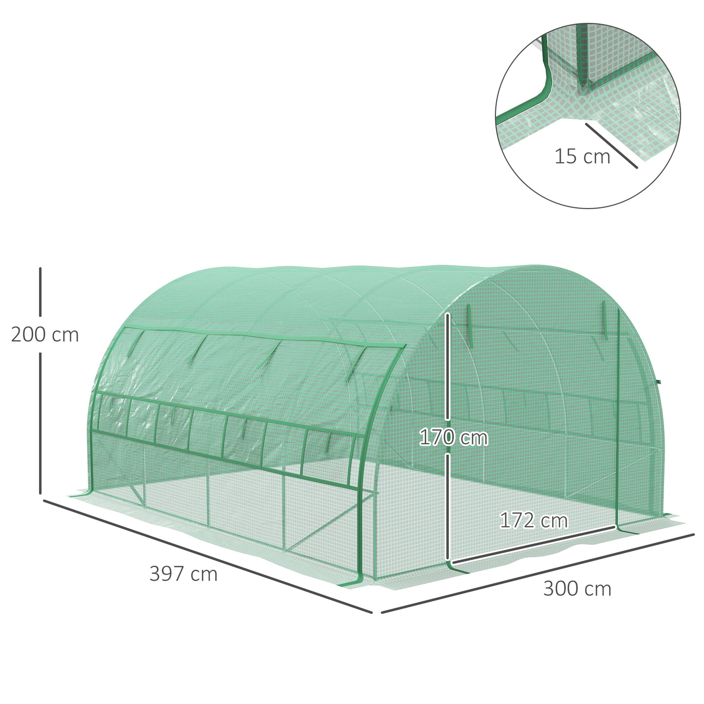 Outsunny Polytunnel Greenhouse Walk-in Grow House Tent z rolowanymi ścianami bocznymi, drzwiami zamykanymi na zamek błyskawiczny i 8 oknami, 4x3x2m, zielony