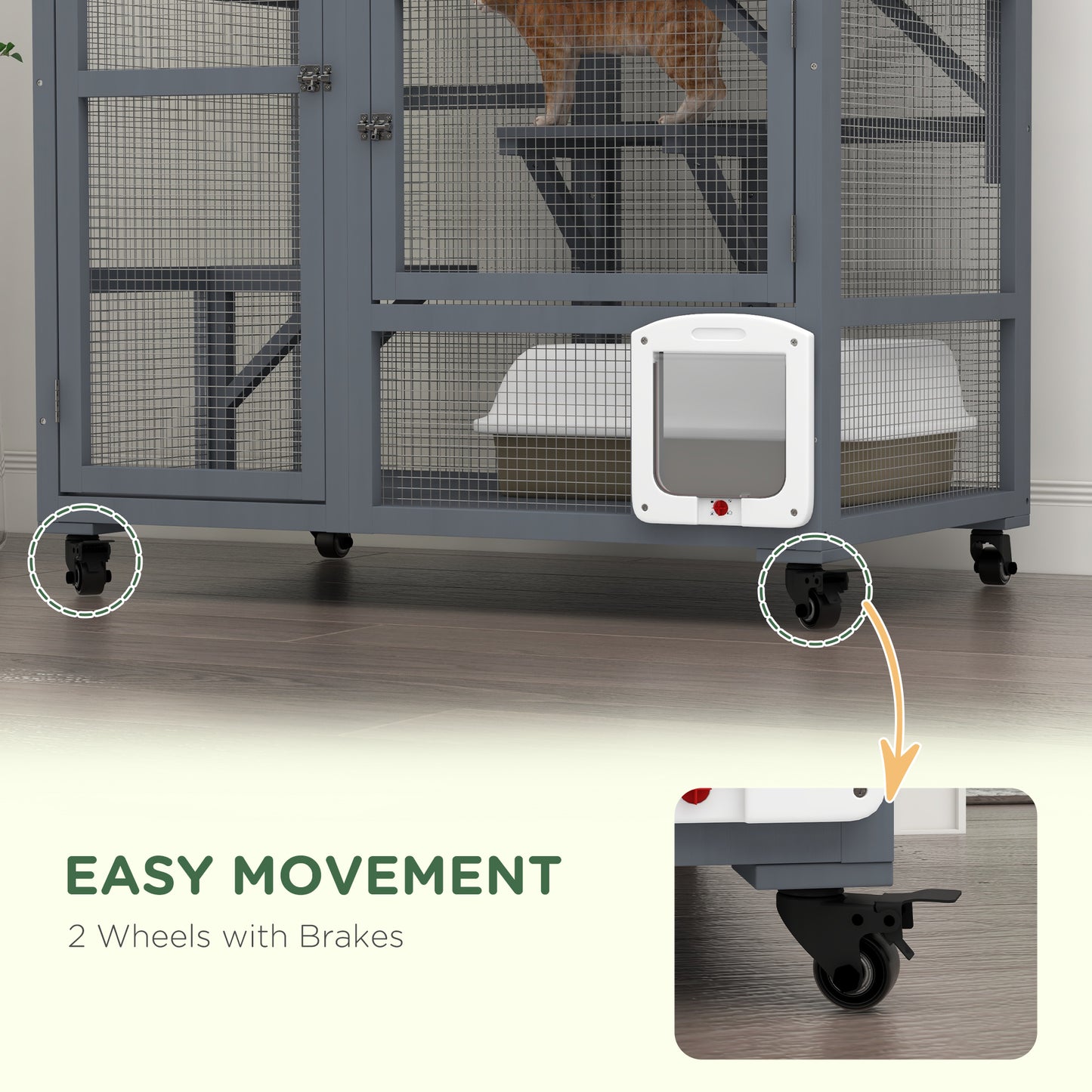 PawHut Cat House, Drewniany kryty koci domek na kółkach, Drewniana klatka dla kota z platformami, hamak, jasnoszary