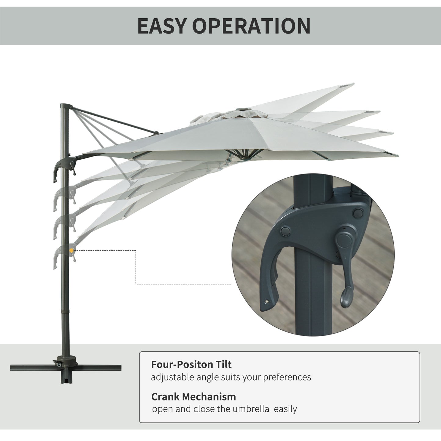 Outsunny 3(m) LED Cantilever Parasol ogrodowy z podstawą krzyżową i lampami solarnymi Szary