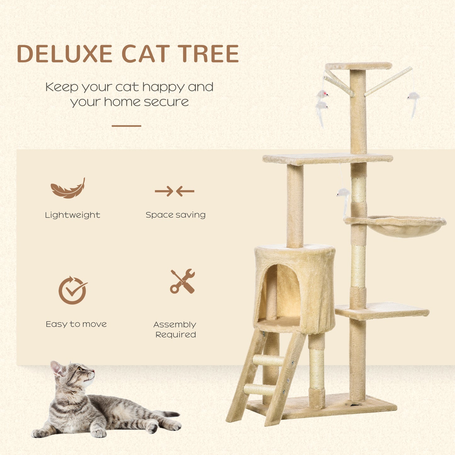 PawHut Cat Tree for Indoor Cats 135cm Kitten Tower Scratching Post Kitty Scratcher Climbing Tower with Ladder, Beige