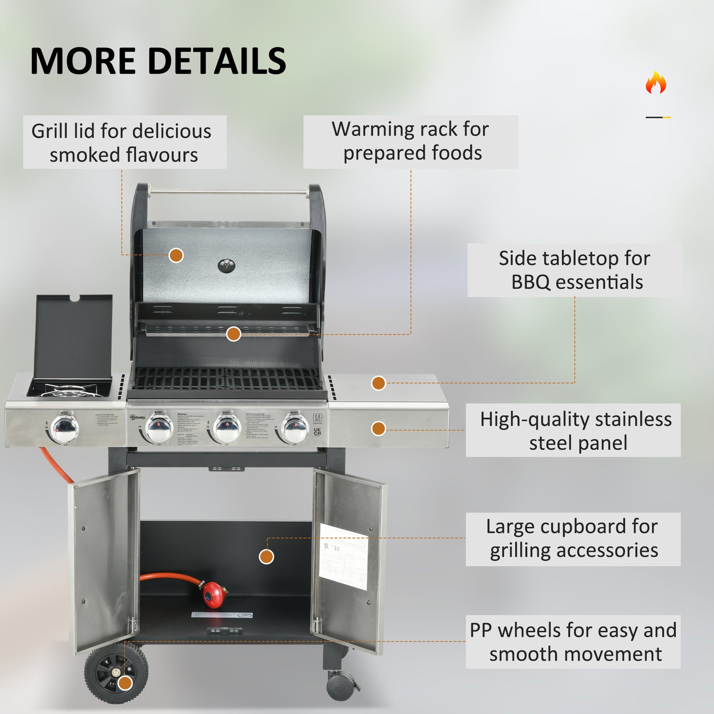 Grill gazowy Outsunny 3+1 palnik, wędzarnia ogrodowa, wózek do grillowania z bocznym palnikiem, półka grzewcza, boczne półki, szafka do przechowywania, termometr z zapłonem piezoelektrycznym, stal nierdzewna + metal