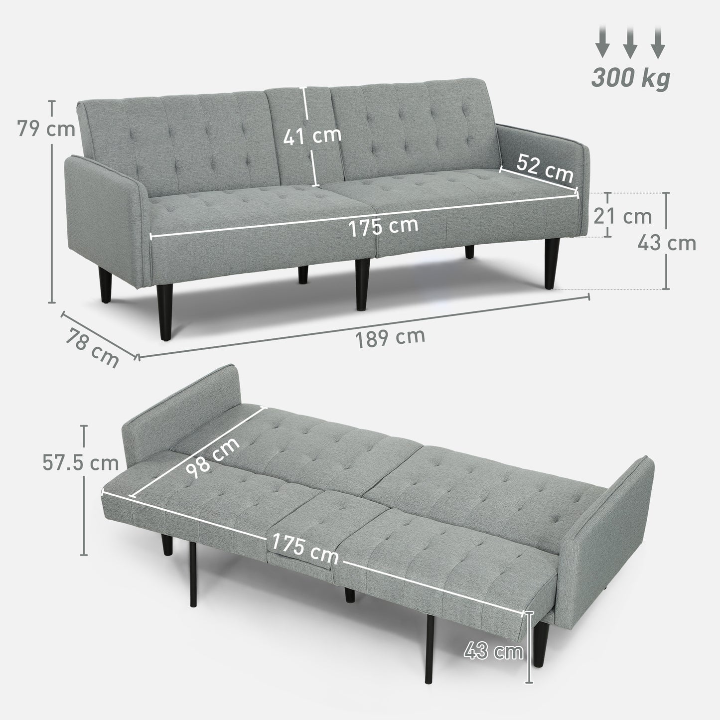 HOMCOM Upholstered Click Clack Sofa Bed, Linen-Feel 3 Seater Sofa Bed with Storage and Cupholders, Light Grey