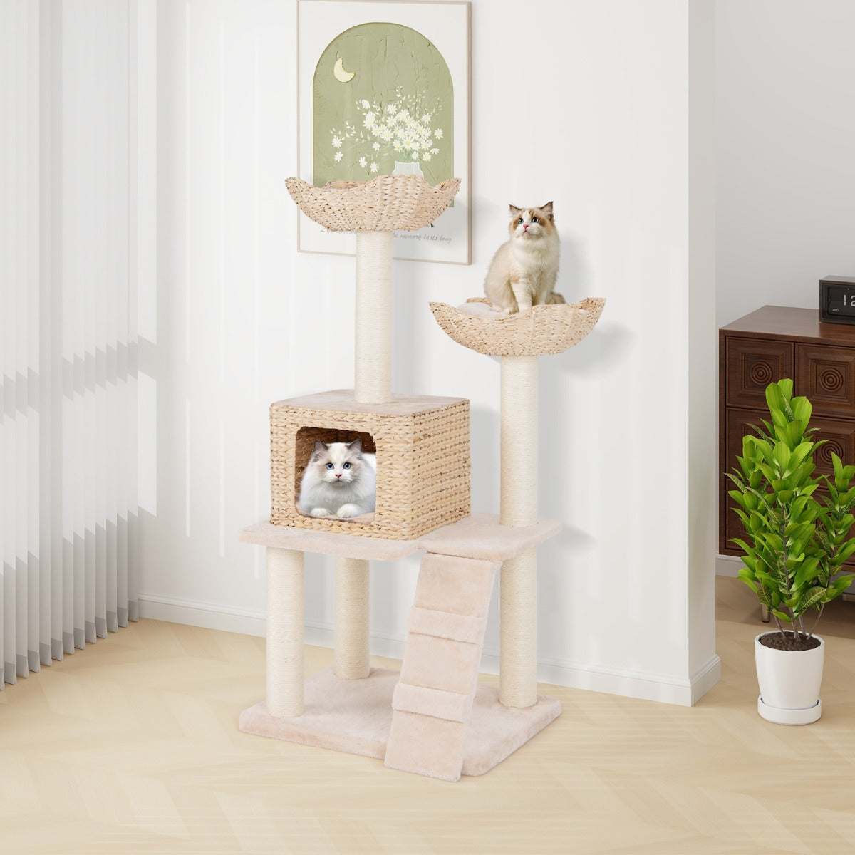 122cm Cattail Cat Tower with Sisal Scratching Posts Perch Condo-Beige