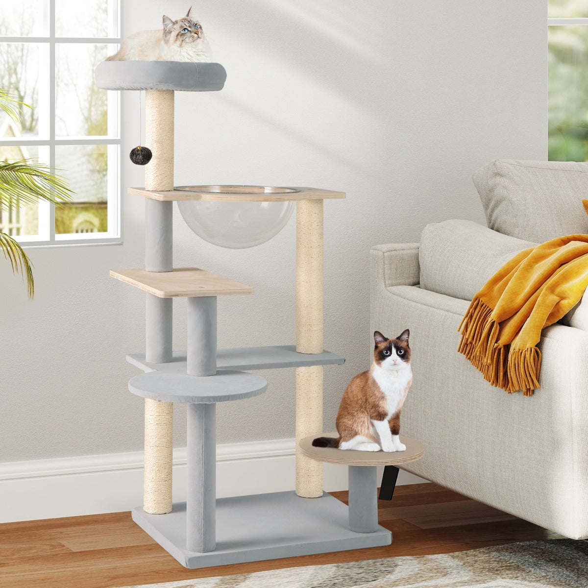 113 cm Multi-level Modern Cat Tree with Removable Padded Top Perch-Natural