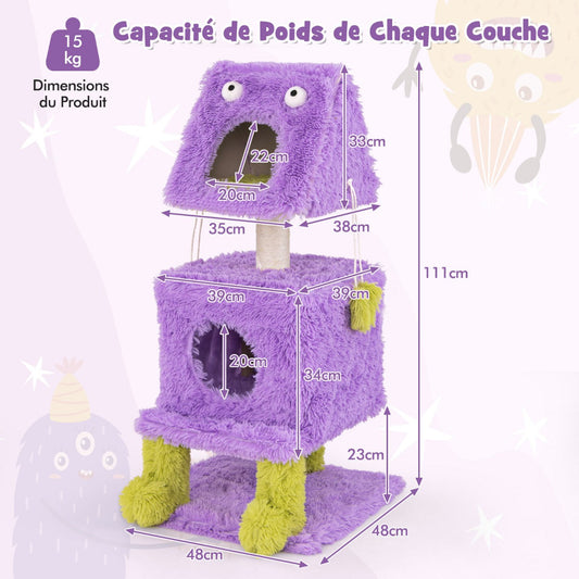 Cute Monster-Themed Cat Tower with 2 Private Condos and Soft Long Plush-Purple
