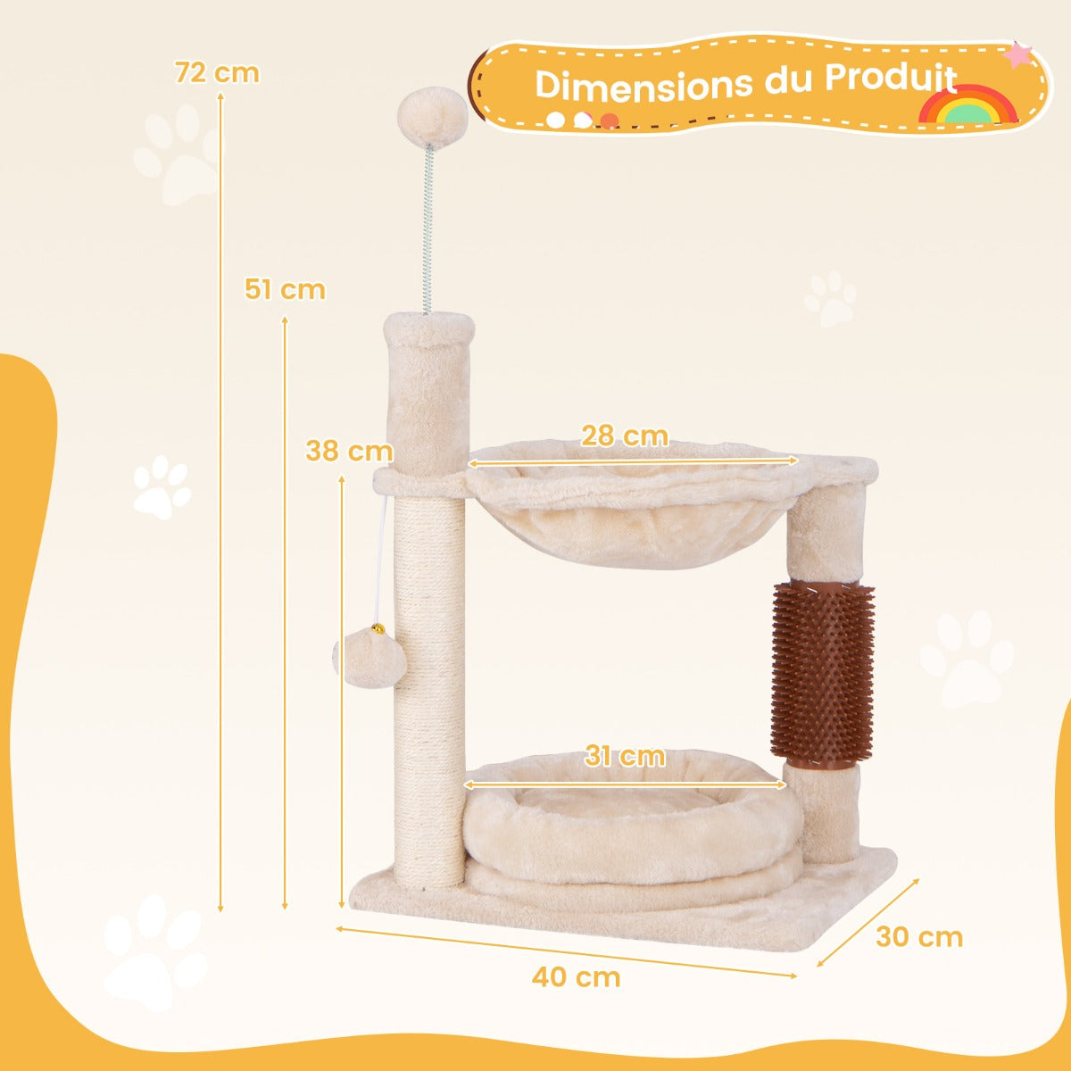 Small scratching post cat tree with hammock & bed & sisal posts & cat brush beige 40 x 30 x 72 cm