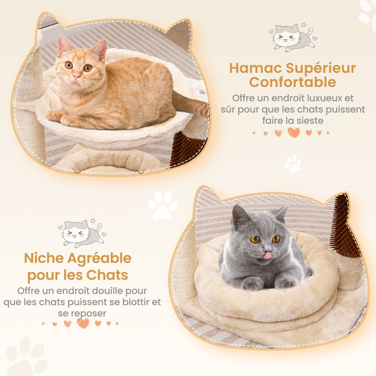 Small scratching post cat tree with hammock & bed & sisal posts & cat brush beige 40 x 30 x 72 cm