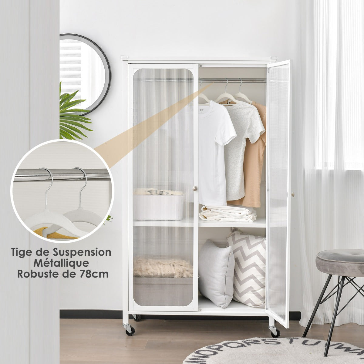 Rolling Storage Armoire Closet with Hanging Rod and Adjustable Shelf-White