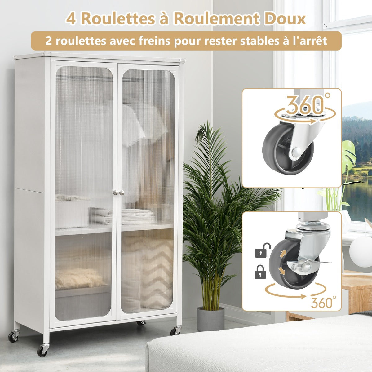 Rolling Storage Armoire Closet with Hanging Rod and Adjustable Shelf-White