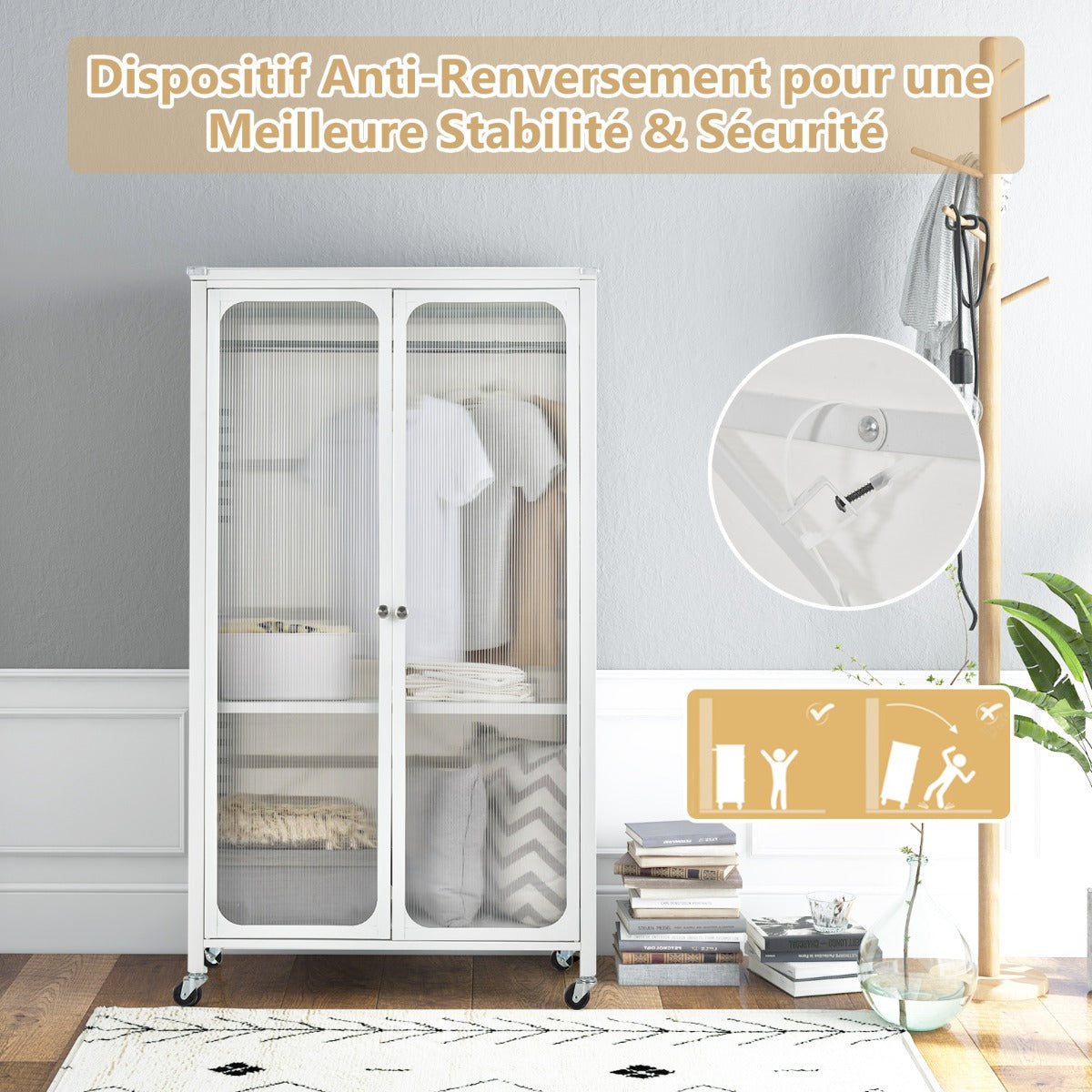 Rolling Storage Armoire Closet with Hanging Rod and Adjustable Shelf-White