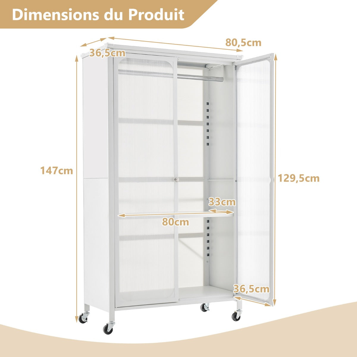 Rolling Storage Armoire Closet with Hanging Rod and Adjustable Shelf-White