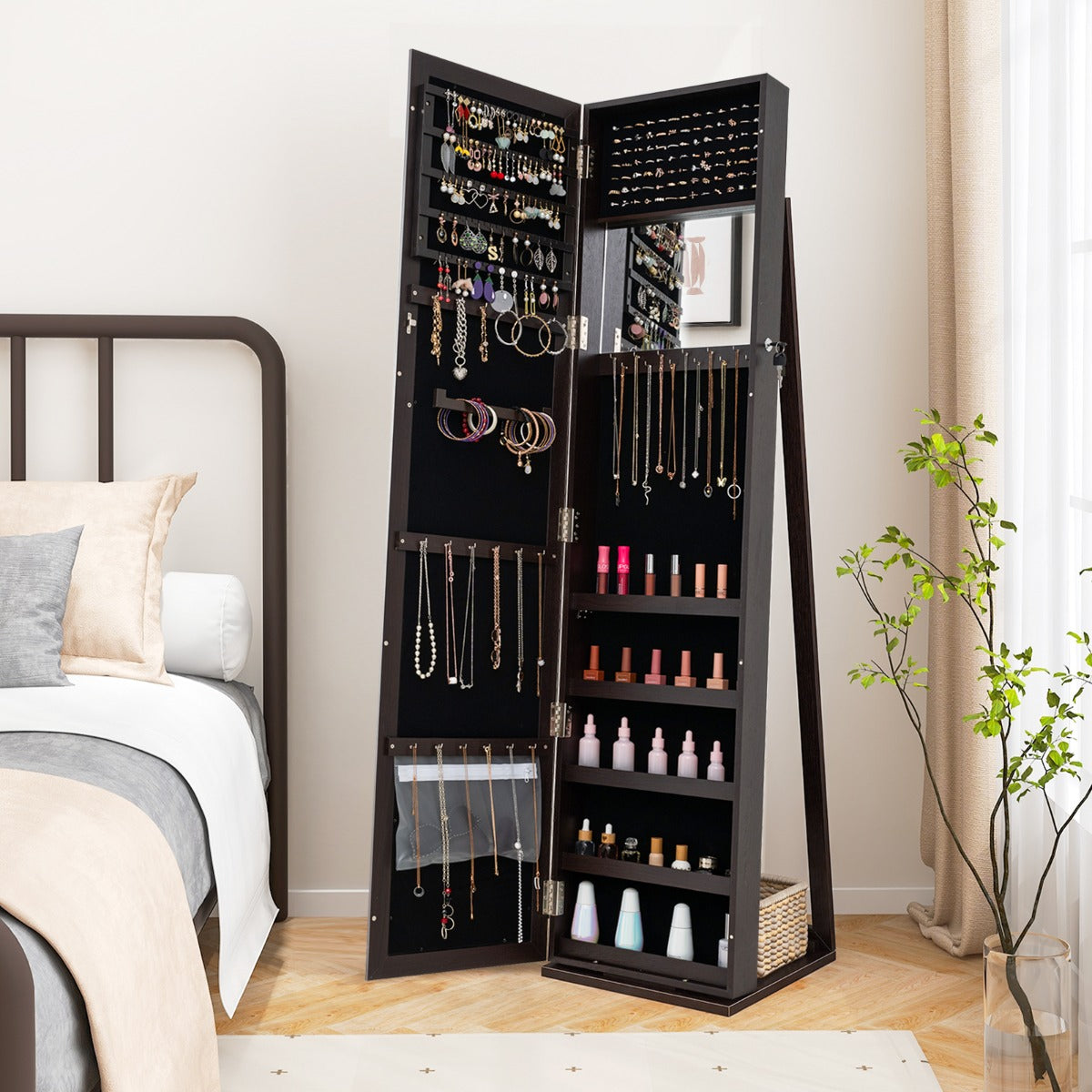 Standing Lockable Jewelry Storage Organizer with Full-Length Mirror-Coffee