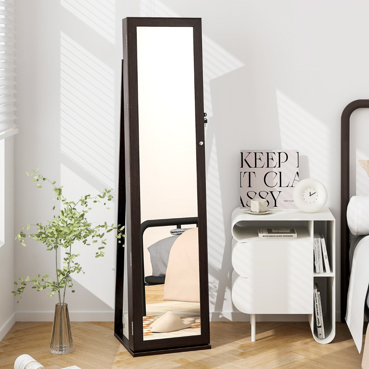 Standing Lockable Jewelry Storage Organizer with Full-Length Mirror-Coffee