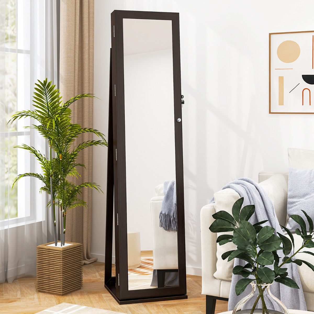 Standing Lockable Jewelry Storage Organizer with Full-Length Mirror-Coffee