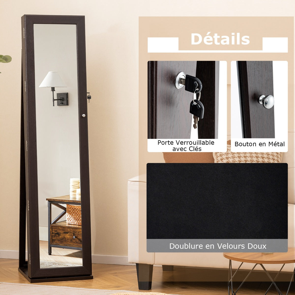 Standing Lockable Jewelry Storage Organizer with Full-Length Mirror-Coffee