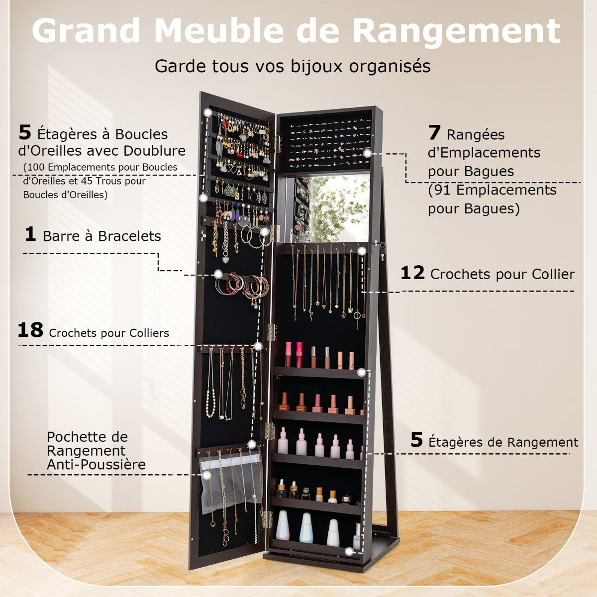 Standing Lockable Jewelry Storage Organizer with Full-Length Mirror-Coffee