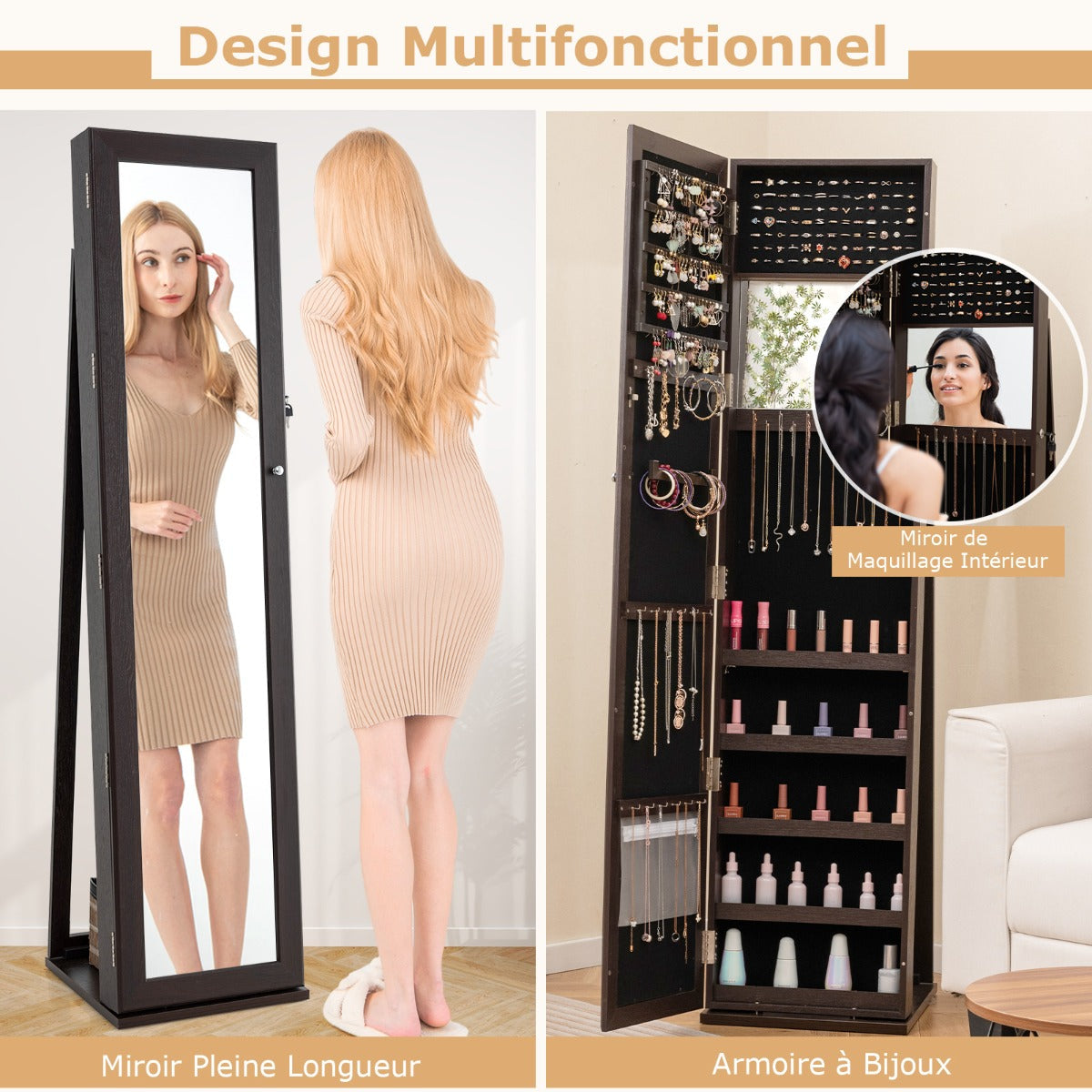 Standing Lockable Jewelry Storage Organizer with Full-Length Mirror-Coffee