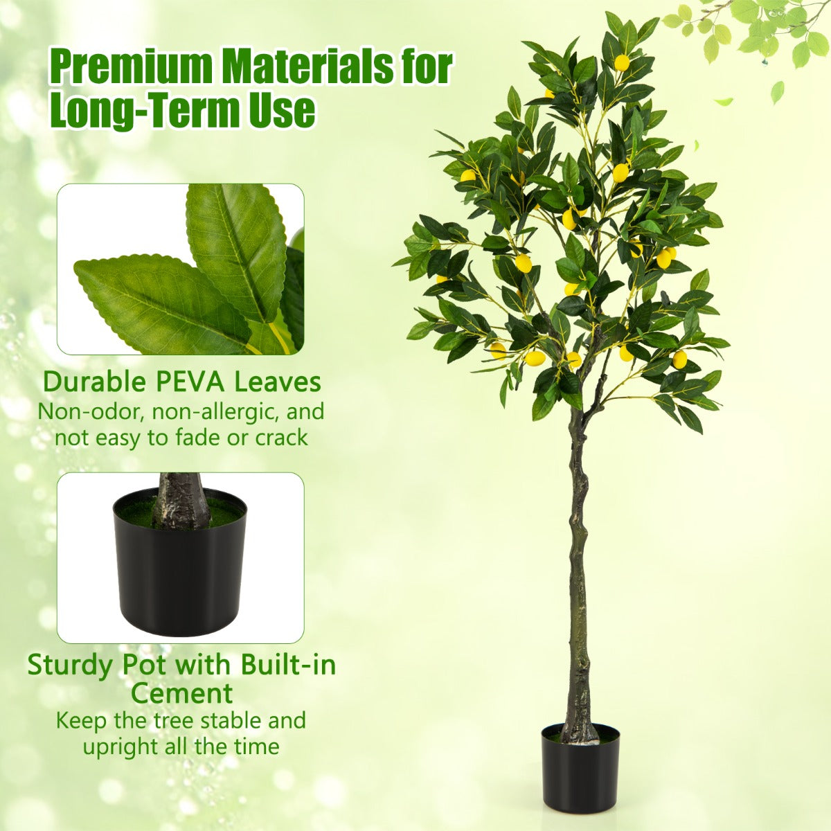 80/120/160cm Tall Fake Lemon Plant with Lemon Fruits and Cement Pot-1.6M