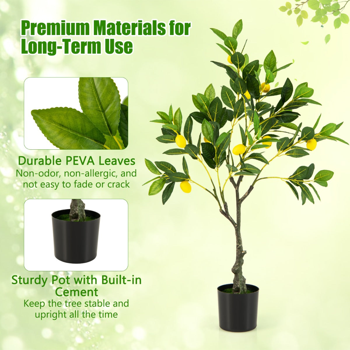 80/120/160cm Tall Fake Lemon Plant with Lemon Fruits and Cement Pot-0.8M