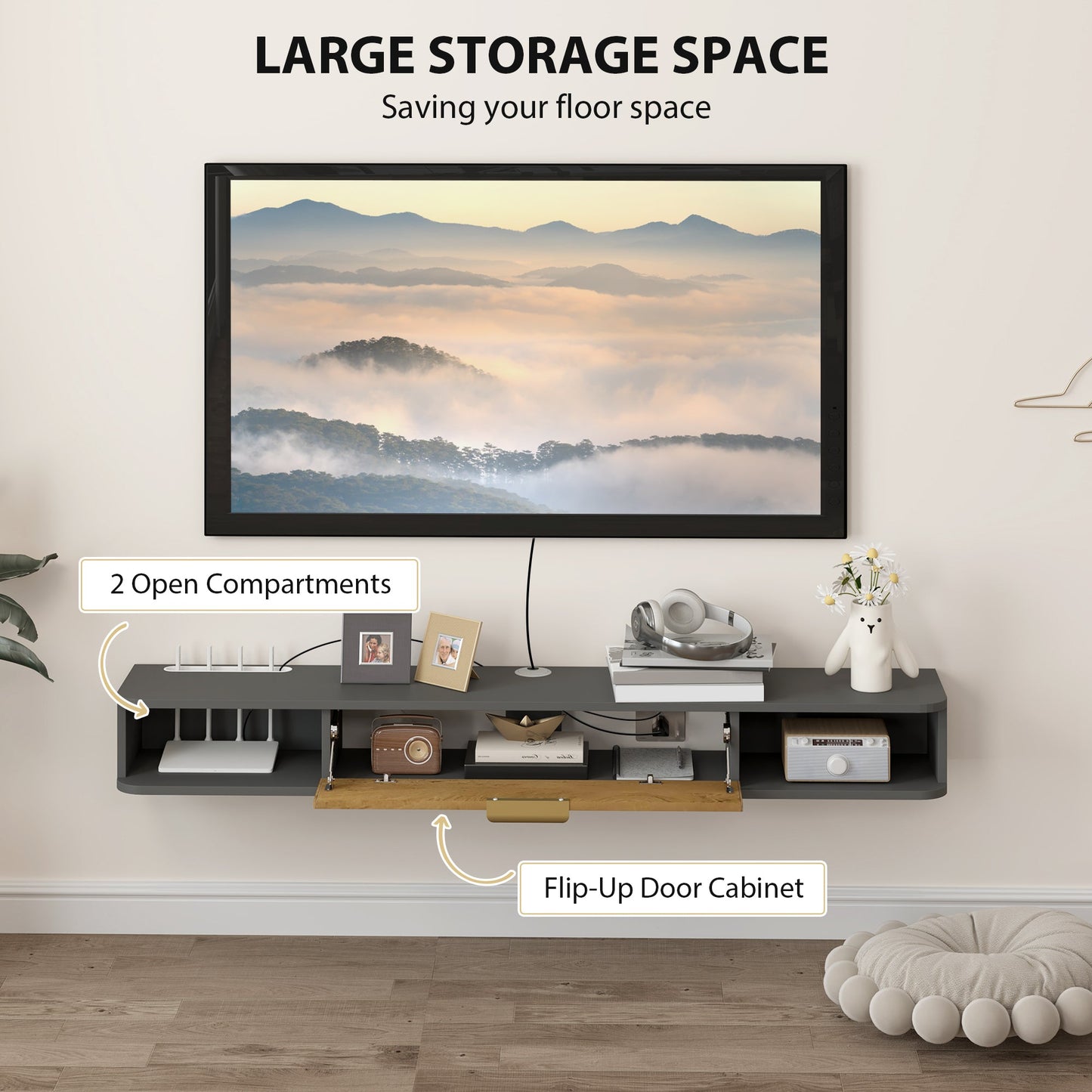 HOMCOM 140 cm Wiszący Stojak Pod TV Z Przechowalką - Antracytowy